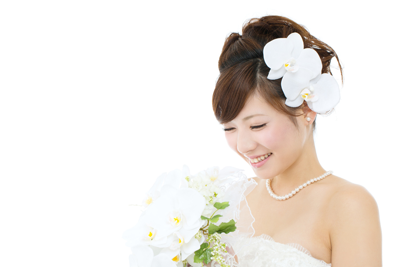 Beautiful asian woman dressed as a bride on white background