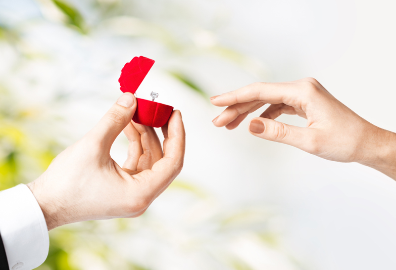 couple hands with wedding ring and gift box