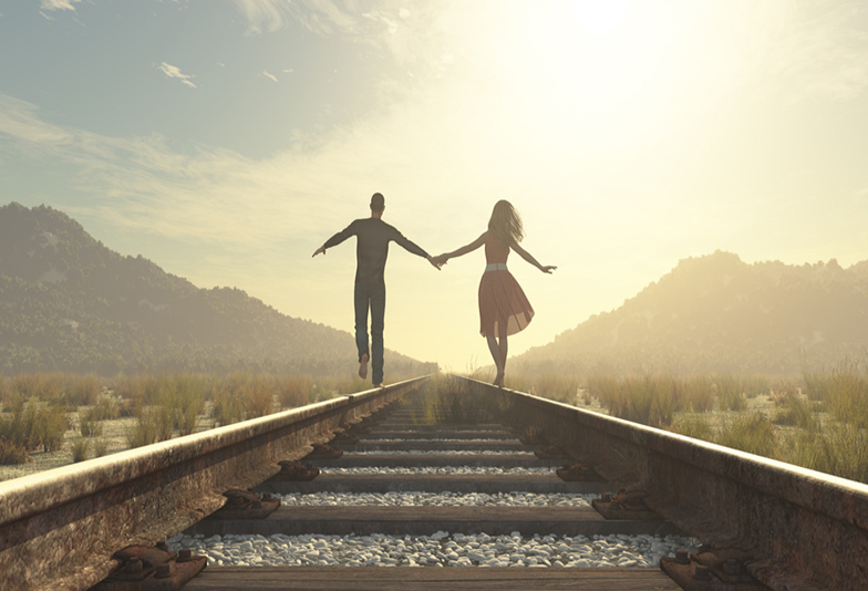 The young couple walking on a railway track. This is a 3d render illustration
