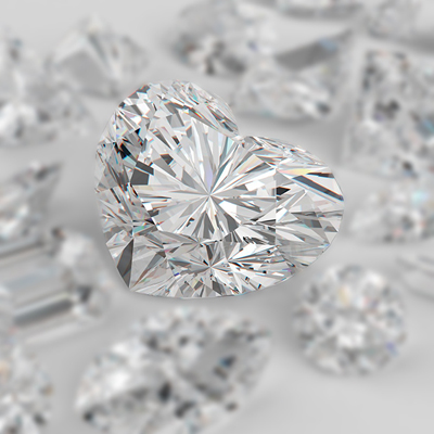 9865260 - diamonds different cuts on gray background. focus on large diamond heart shape. 3d illustration.