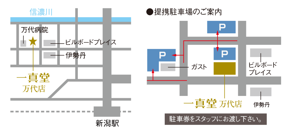 一真堂万代店周辺地図　提携駐車場