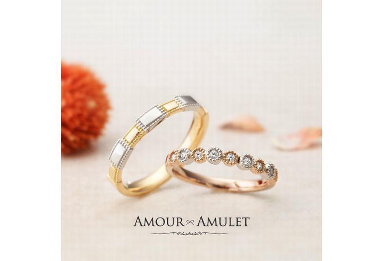 コンビリングブランドAMOURAMULETの結婚指輪デザインでモンビジュー