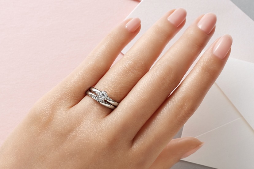 婚約指輪と結婚指輪を重ね着けしたイメージ